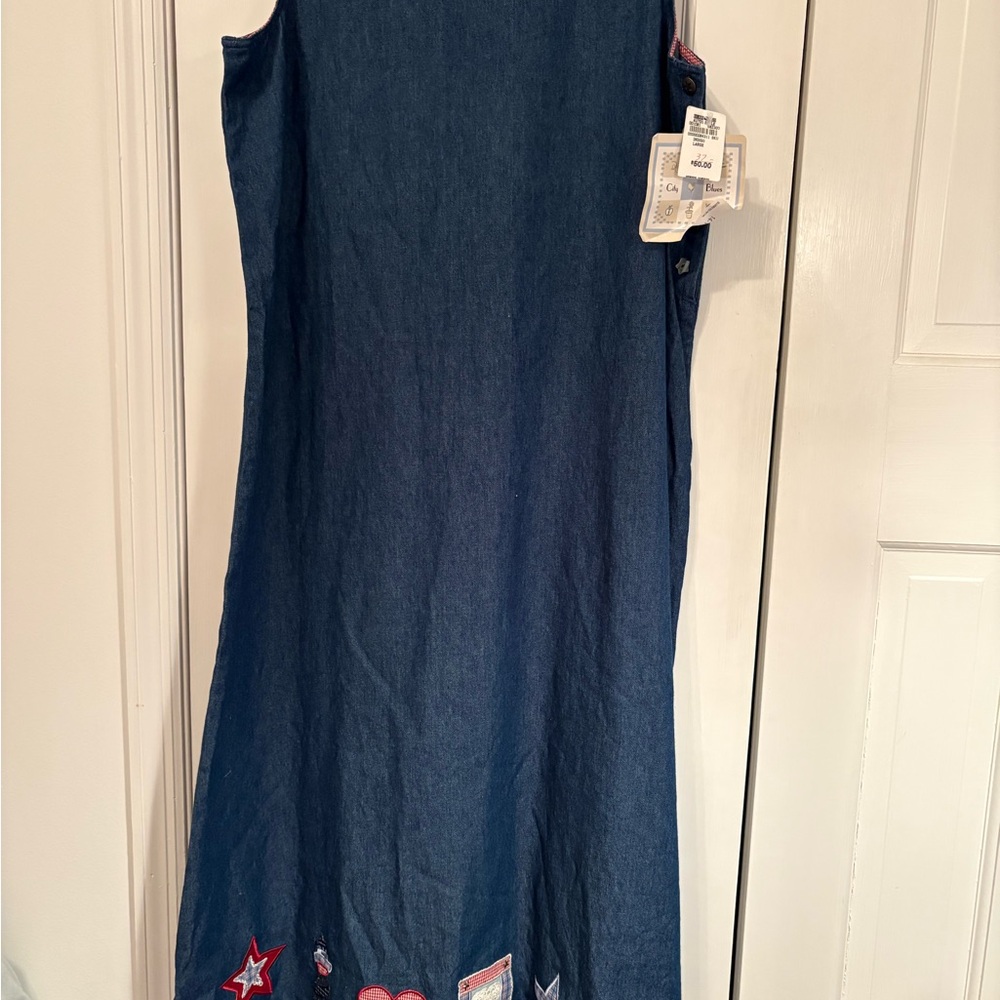 KORET City Blues Denim Dress Women’s Size Large Maxi vintage HEARTS STARS BUTTON